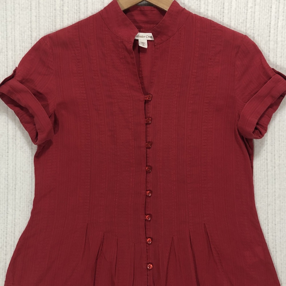 Coldwater Creek Womens Red Cotton Pintuck Mandarin Collar Button Blouse Small